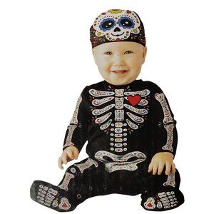 Infant 0-6 Mo Sugar Skull Halloween Costume Jumpsuit and Cap Dia De Los Muertos
